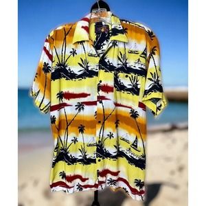 Hawaiian Shirt Papaya by Ringo Casual Palm Trees Size Small Yellow & Black